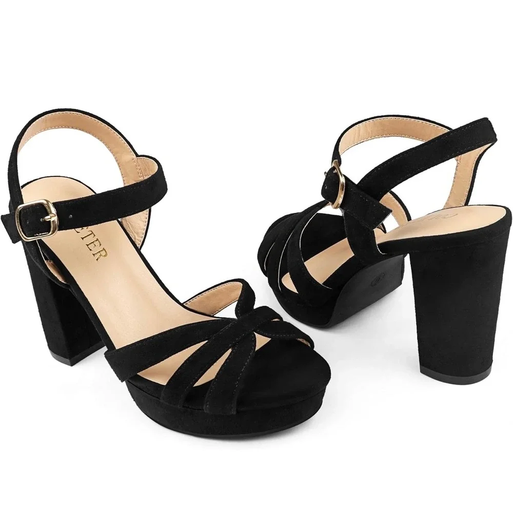 Coleter Womens Black Suede Platform Chunky Heel Sandals Open Toe Shoe Sz 7